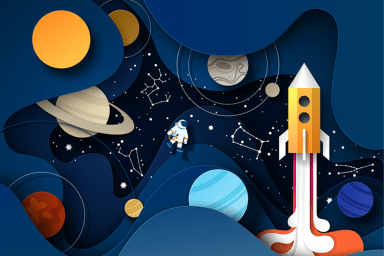 Visuel enfantin représentant l'espace, les planètes du système solaire, une fusée et un astronaute