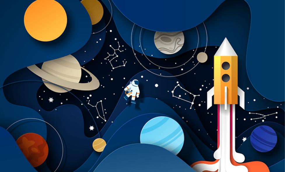 Visuel enfantin représentant l'espace, les planètes du système solaire, une fusée et un astronaute - Agrandir l'image, fenêtre modale